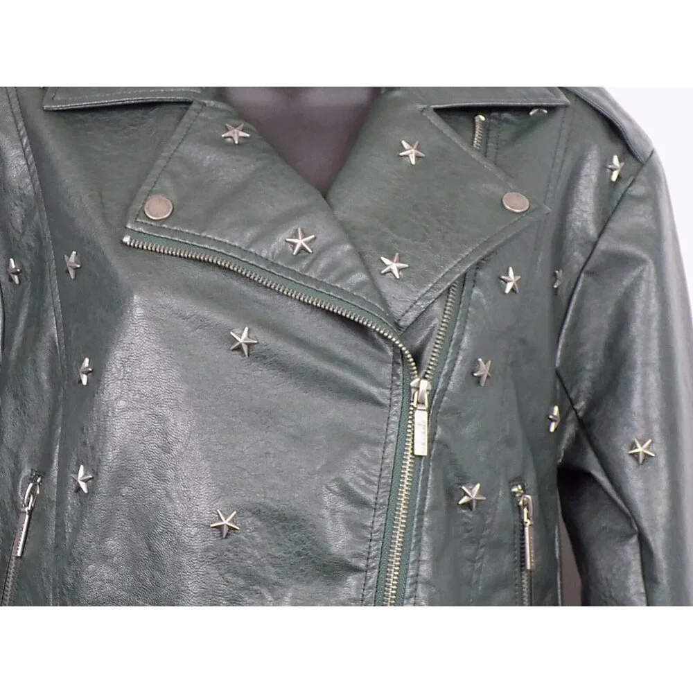 Faux Leather Jacket Dark Green Women Size XS Collection b Star Studded NWT - Picture 3 of 10